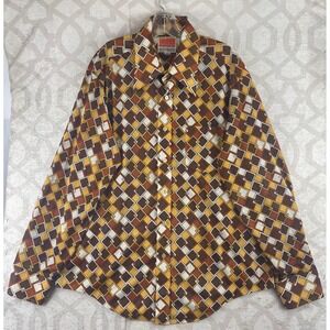 Zayre Matt Andrews Mens XL Brown Orange Geometric 70s Disco Button Up Shirt Vtg
